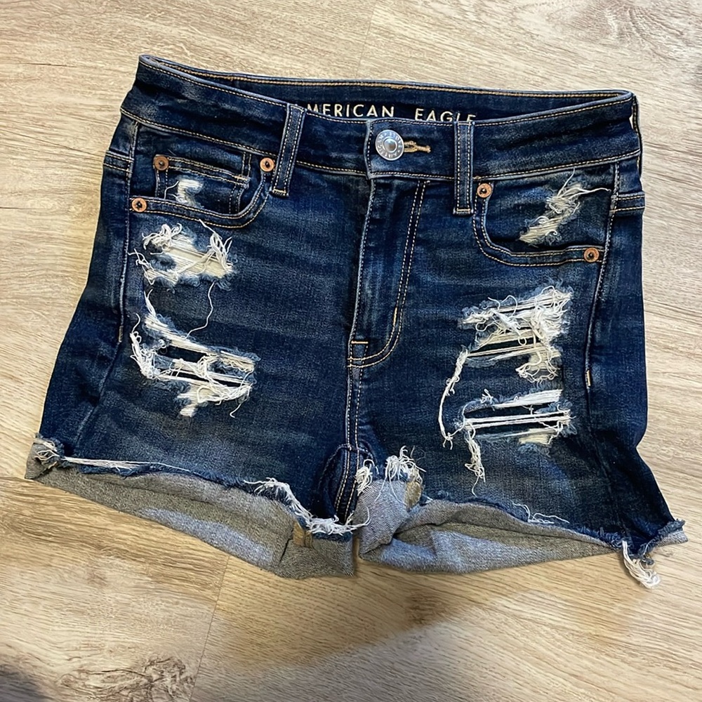 American Eagle “Hi-Rise Shortie” Jean Shorts, Size 0, Dark Blue